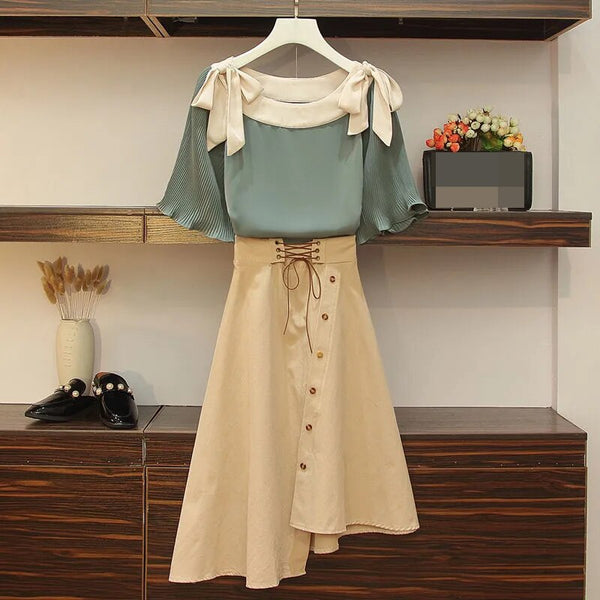 The big size women's 2023 summer fat sister set with lotus leaf-side chiffon top skirt skirt two-piece set