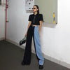 The black and blue stitching contrast color high-waisted button slit jeans women's all-match tall and thin straight pants