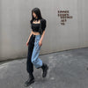 The black and blue stitching contrast color high-waisted button slit jeans women's all-match tall and thin straight pants