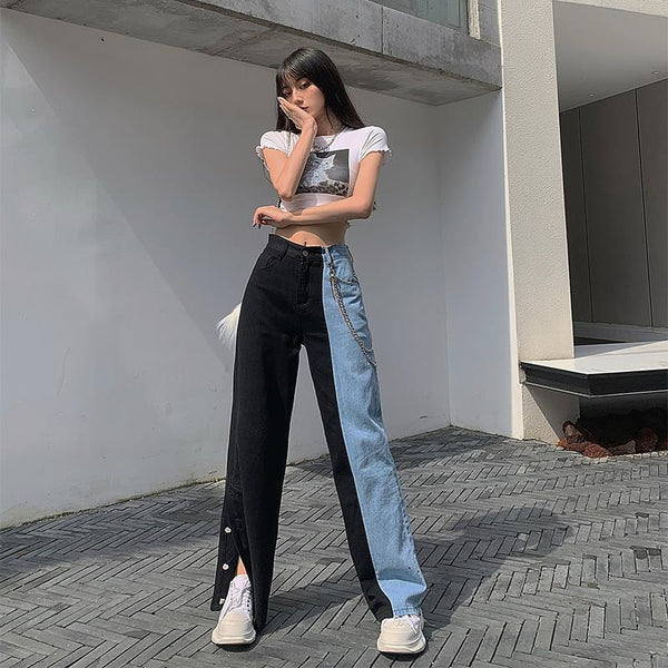 The black and blue stitching contrast color high-waisted button slit jeans women's all-match tall and thin straight pants