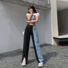 The black and blue stitching contrast color high-waisted button slit jeans women's all-match tall and thin straight pants