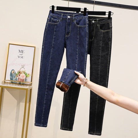 Thick Velvet Stretch Jeans Woman High Waist Skinny Pencil Pants Mujer Patchwork Cowboy Plus Size Winter Keep Warm Trousers 5XL