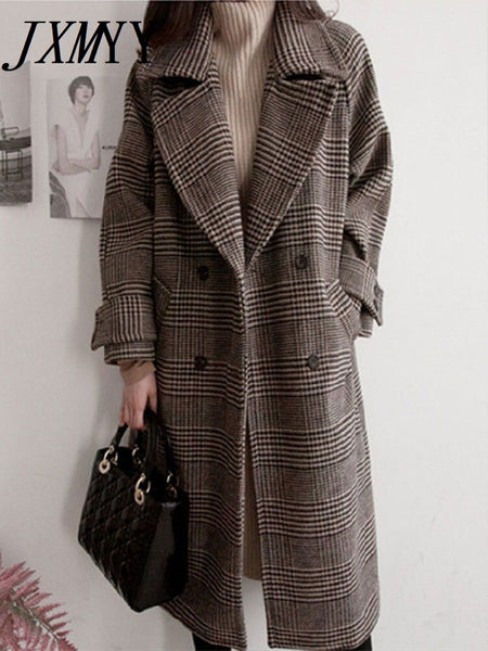 Thickened Woolen Coat Women's 2023 Autumn And Winter Mid-Length Plaid Temperament Woolen Trench Coat Large Size