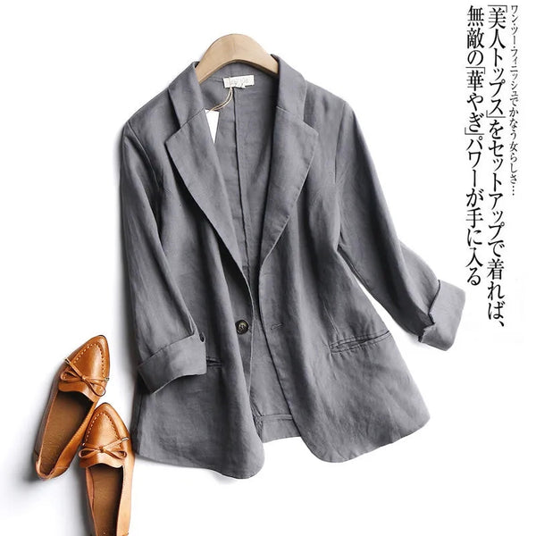 Thin Cotton Linen Small Suit Jacket Female Plus Size 2023 Spring Summer Korean Elegant Simple 3/4 Sleeve Casual Suit coat