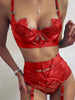 Three Pieces Spring Sexy Women Homewear Spaghetti Strap Bra Panties Sets Hollow Out Sexy Eyelash Lace Garter Lingerie Set