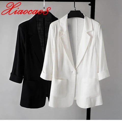 Three Qurater Summer Short Blazer Women Cotton Linen Ice Silk Femme Blazers for Women Solid Jackets Black White Suit Viersized