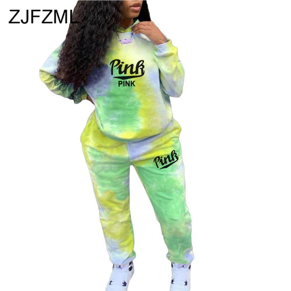 Tie Dye Activewear Tracksuit Full Sleeve PINK Letter Print Sweatshirt Jogger Sweatpant Female 2 Two Piece Set Matching Outfits