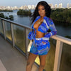 Tie Dye Sexy Rave Outfits for Women Festival Clothing Bandage Long Sleeve Crop Top and Shorts Set Bodycon Party Club 2 Piece Set