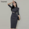 Tight Elegant Party Dress 2022 Autumn Stand Collar Three-Quarter Sleeves High Waist Hollow Temperament Side Split Women's Dress