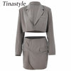Tinastyle Notched Single Button Blazer Set Women Office Lady Long Sleeve Jacket High Waist A line Mini Short Skirts 2 Piece Set