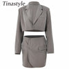 Tinastyle Notched Single Button Blazer Set Women Office Lady Long Sleeve Jacket High Waist A line Mini Short Skirts 2 Piece Set
