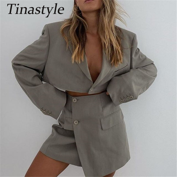 Tinastyle Notched Single Button Blazer Set Women Office Lady Long Sleeve Jacket High Waist A line Mini Short Skirts 2 Piece Set