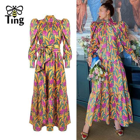 Tingfly Vintage Designer Runway Puff Sleeve Spring Autumn Midi Long Dresses Women Party Night Dresses Floral Sexi Aesthetic Robe