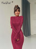 TiulZial Basic Orange Maxi Bodycon Dress Autumn Summer Long Sleeve Pleated Dress 2023 Plisse Casual Dresses Women