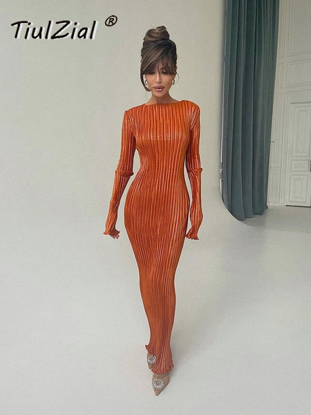 TiulZial Basic Orange Maxi Bodycon Dress Autumn Summer Long Sleeve Pleated Dress 2023 Plisse Casual Dresses Women