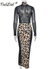 TiulZial Mesh Patchwork Leopard Turtleneck Midi Dress Long Sleeve Club Party Women Bodycon Dress Skinny 2023 Transparent