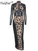 TiulZial Mesh Patchwork Leopard Turtleneck Midi Dress Long Sleeve Club Party Women Bodycon Dress Skinny 2023 Transparent