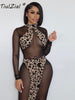 TiulZial Mesh Patchwork Leopard Turtleneck Midi Dress Long Sleeve Club Party Women Bodycon Dress Skinny 2023 Transparent