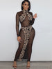 TiulZial Mesh Patchwork Leopard Turtleneck Midi Dress Long Sleeve Club Party Women Bodycon Dress Skinny 2023 Transparent