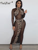 TiulZial Mesh Patchwork Leopard Turtleneck Midi Dress Long Sleeve Club Party Women Bodycon Dress Skinny 2023 Transparent