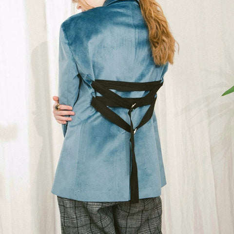 [To Gladself] Blue Velvet Lace Up Women Blazer Autumn Long Sleeve Tunic Tops  Slim Single Breasted Female Coat Clothes Tide
