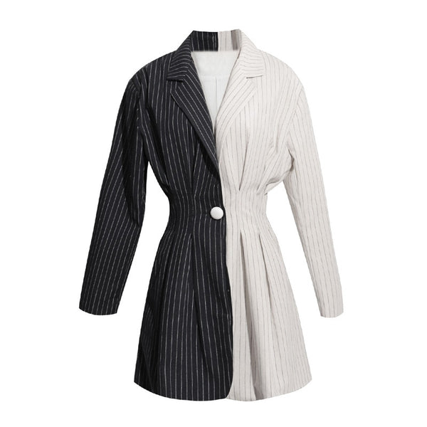 [To Gladself] Women Autumn Fashion Casual Designer Jacket Long Sleeve Striped Color Patchwork Tunic Top Blazer