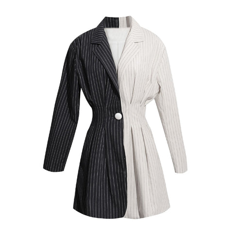 [To Gladself] Women Autumn Fashion Casual Designer Jacket Long Sleeve Striped Color Patchwork Tunic Top Blazer