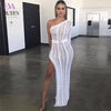 Knitted Women Long Dress One Shoulder Hollow Out Maxi Dress High Split Party Dresses Women Sexy Bodycon Clubwear