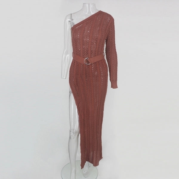 Knitted Women Long Dress One Shoulder Hollow Out Maxi Dress High Split Party Dresses Women Sexy Bodycon Clubwear