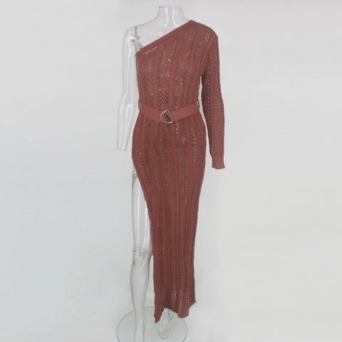 Knitted Women Long Dress One Shoulder Hollow Out Maxi Dress High Split Party Dresses Women Sexy Bodycon Clubwear