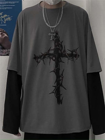 Tomboy Clothes Baggy Emo Punk T Shirts Women Goth Print Y2k Grunge Harajuku Patchwork Two-Piece T-shirts Gothic Pattern Tops Alt