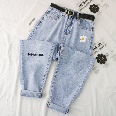 Top Daisy Embroidery Denim Jean Women High Waist Jeans Plus Size Denim Harem Trousers Vintage Casual Jeans Straight Women Pant