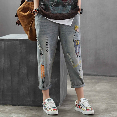 Top Embroidered Jeans Women's Elastic Waist Embroidery Retro Large Size Nine-Point Harem Pants Are Thin Women