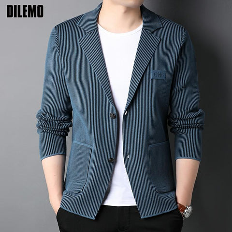 Top Grade Brand Slim Fit Blazer Jacket Smart Elegant Stylish Knitted Suit Striped Men Coat Casual Mens Clothes 2022