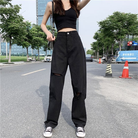 Top Jeans Women Holes Black Big Size S-5XL Oversize Harajuku Casual Womens Wide Leg Hip-hop Mopping Vintage Summer High Street