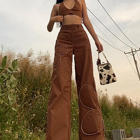 Top Brown Flower Patchwork Women's Jeans Pants High Waist Brown Wide Leg Trousers 2022 Streetwear Baggy Joggers