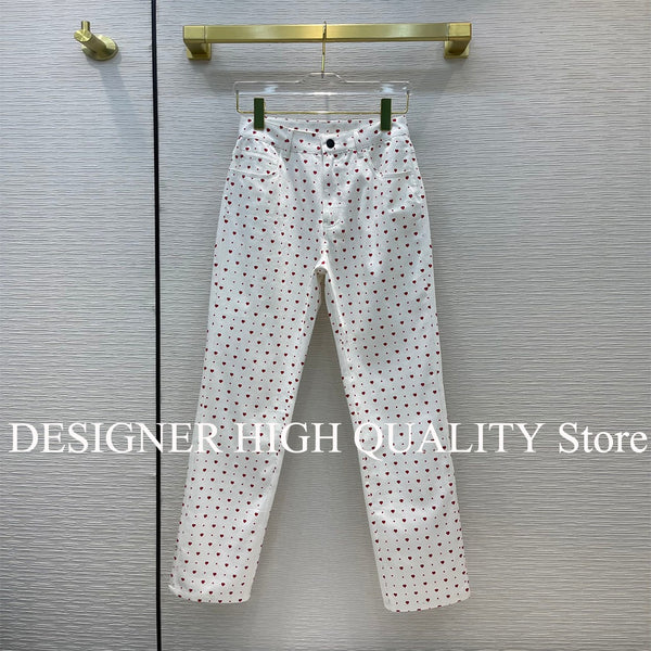 Runway Designer White Jeans Women Heart Dot Print Pattern Sweet Straight Denim Pants High Waist Streetwear Jeans