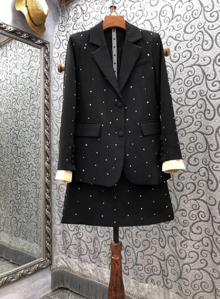 Top Quality Women's Set Blazers 2022 Autumn Winter Suits Woman Crystal Beading Deco Blazer Coats+Mini Skirt Sets & Suits 2 Piece