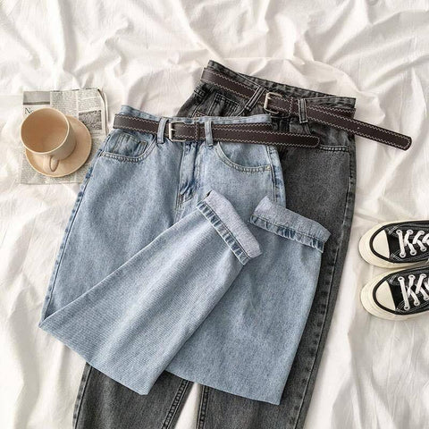 Top Vintage Straight High Waist Jeans Women Boyfriend Mom Street Denim Jeans with Belt Loose Plus Size Jeans Mujer Retro