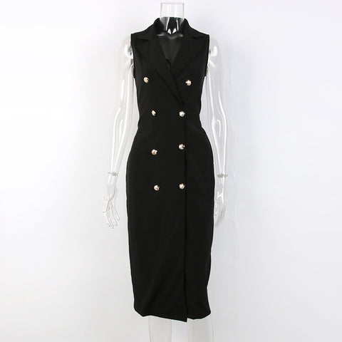 Black Belted Dress Women Summer Straight Elegant Vantage Sleeveless Mid-Calf Notched Pockets Dresses Office Lady