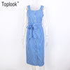 Blue Striped Dress Bow Bandage Sexy Summer Off Shoulder Women Party Dresses Single-Breasted Midi Elegant Shirt Dress