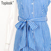 Blue Striped Dress Bow Bandage Sexy Summer Off Shoulder Women Party Dresses Single-Breasted Midi Elegant Shirt Dress