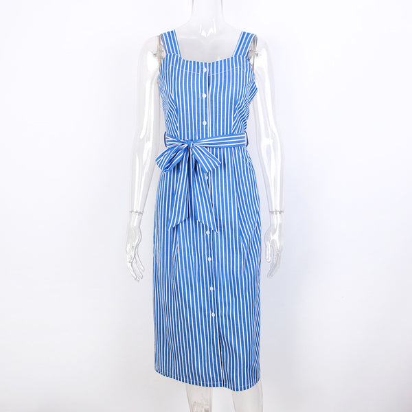 Blue Striped Dress Bow Bandage Sexy Summer Off Shoulder Women Party Dresses Single-Breasted Midi Elegant Shirt Dress