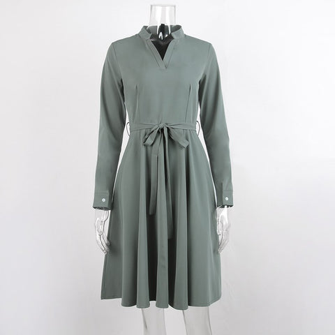 Green V Neck Pleated Women Dress Sashes 2022 Fashion Vintage Bandage Long Sleeve Sexy Party Women Dresses Vestidos