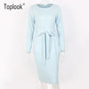 Light Blue Belt Women Dress Winter 2022 New Solid Long Sleeve Mid-Calf Straight Dresses O-Neck Casual Vestidos