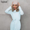 Light Blue Belt Women Dress Winter 2022 New Solid Long Sleeve Mid-Calf Straight Dresses O-Neck Casual Vestidos
