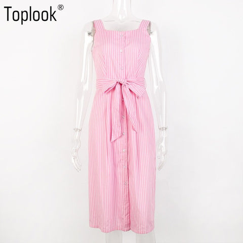 Pink Striped Bow Bandage Dress 2022 Summer Sexy Off Shoulder Women Party Dresses Single-Breasted Midi Shirt Dress