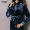Vintage Velvet Belt Button Shirt Dress Women 2022 Autumn and Winter Long Sleeve Mid-Calf Vestidos Casual Bandage Dress