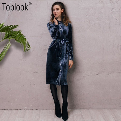Vintage Velvet Belt Button Shirt Dress Women 2022 Autumn and Winter Long Sleeve Mid-Calf Vestidos Casual Bandage Dress