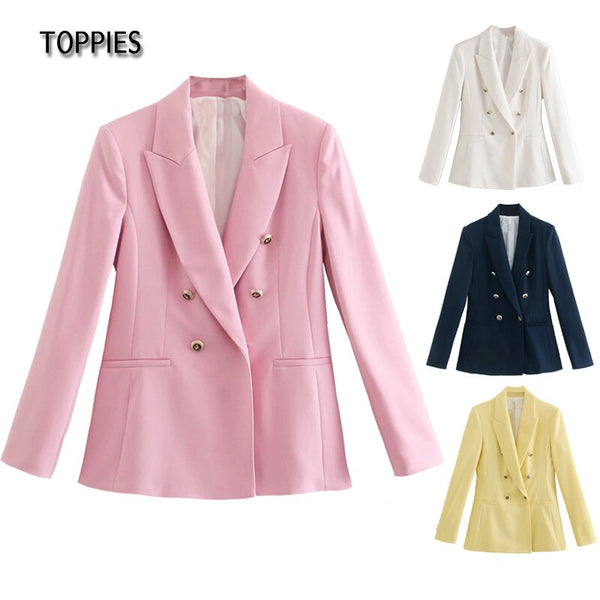 Toppies 2022 Autumn Pink White Blazer for Women Double Breasted Slim Suit Jacket Office Ladies Blazer